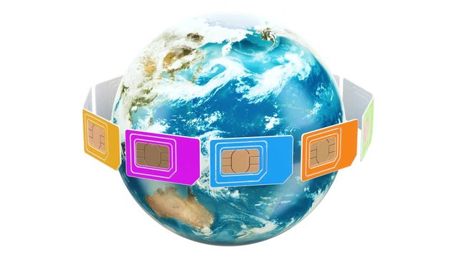 Global mobile communication, SIM cards rotating around the Earth Globe, 3D rendering