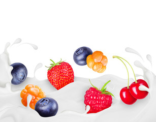Different berries drown in splashes of cream