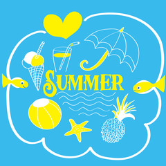 Summer collection of items as pineapple, starfish, sea, ice-cream. lemonade and parasol. Vector illustration on blue background