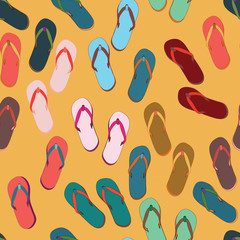 Colorful flip-flops seamless pattern. Vector illustration on yellow background