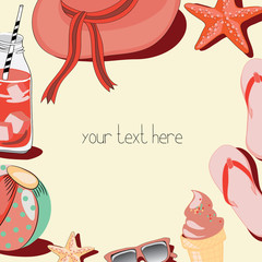 Summer, ice drink, flip flops, sunglasses, ice cream, hat, ball and starfish in the round frame. Vector illustration on light yellow background
