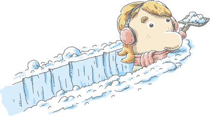 A cartoon woman with ear muffs shovels a deep paths through fresh, white snow. © blambca