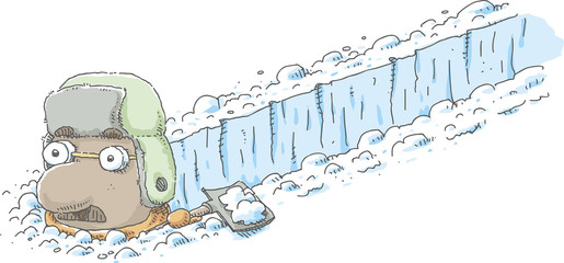 A cartoon man who has dug a path in a ditch through a flat field of fresh, deep snow.