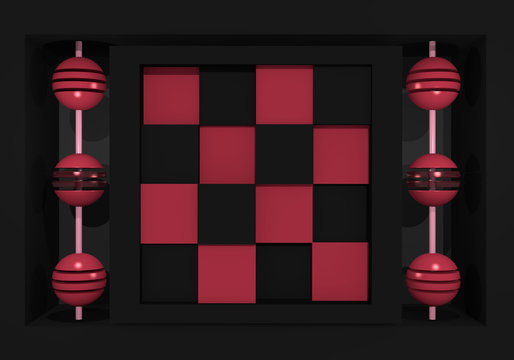 abstraktes Muster mit Kugeln an einer Stange und einem Schachbrettmuster in altrosa und schwarz. 3d render