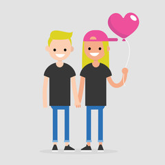 Date. Young couple celebrating Saint Valentines Day. Romantic relationships. Flat editable vector illustration, clip art