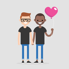 Date. Young couple celebrating Saint Valentines Day. Romantic relationships. Flat editable vector illustration, clip art