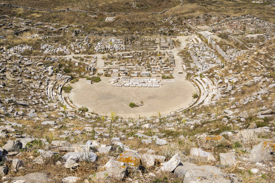 Ancient theatre of Delos island at Cyclades archipelago, Greece