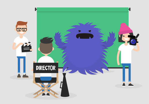 Camera crew: director, cameraman and assistant working on the film set. Horror movie. Big scary monster. Entertainment industry / flat editable vector illustration, clip art