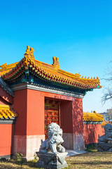 Temple of Confucius. The ancient door and Chinese guardian lion, located in Harbin, Heilongjiang, China.