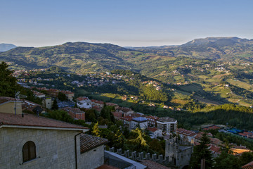 Fototapeta na wymiar Panorama of Republic of San Marino. From a bird's eye view . San Marino is the oldest constitutional republic .