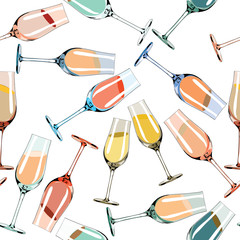 Various  colorful glasses with liquids. Seamless pattern. Vector illustration on white background