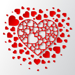 Beautiful paper cut out heart with many small red hearts. Vector illustration