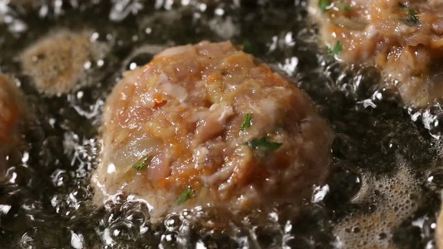 Meatballs Frying In Oil On A Frying Pan, Unhealthy Meal Food