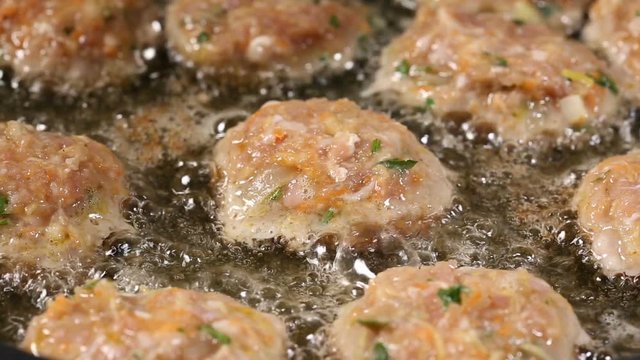 Meatballs Frying In Oil On A Frying Pan, Unhealthy Meal Food