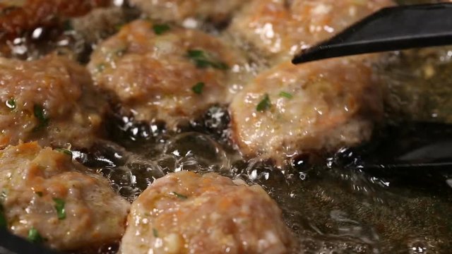 Meatballs Frying In Oil On A Frying Pan, Unhealthy Meal Food