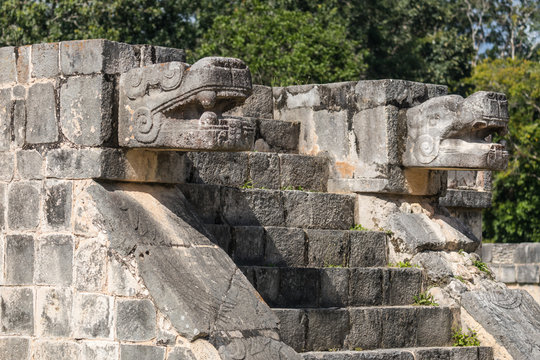 Mayan Jaguar Figurehead Sculptures at the Archaeological Site in Chichen Itza, Mexico