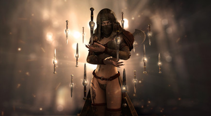 female assassin character surrounded in floating knives - obrazy, fototapety, plakaty