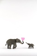 elephants in love on white background with hearts and family for valentines day  plenty of room for type