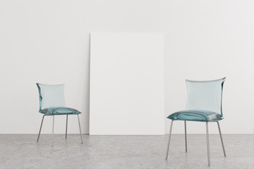 Two blue glass chairs, poster