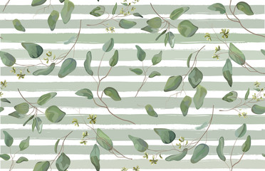 Materiał do szycia Eucalyptus different tree, foliage natural branches with green leaves seeds tropical seamless pattern watercolor style. Vector decorative beautiful elegant illustration light blue stripped background