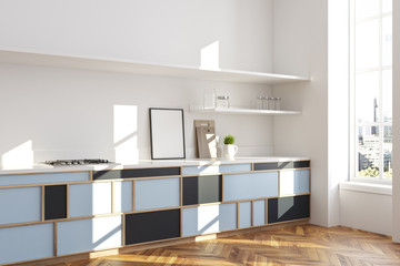 Fototapeta na wymiar White kitchen, blue countertop, poster side