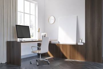 White and dark wooden home office corner, poster