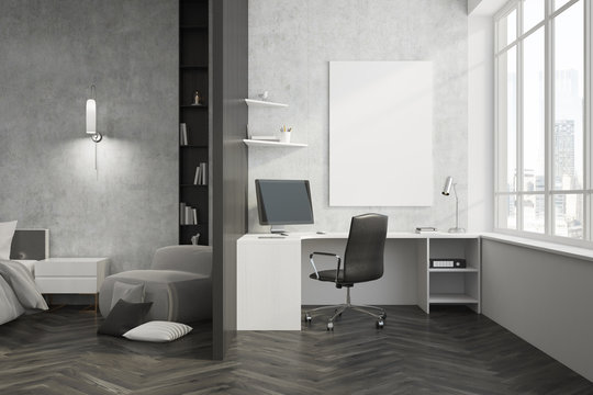 Concrete and black home office interior, poster