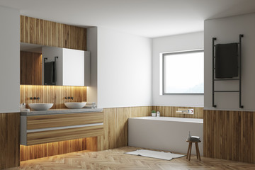 White and wooden bathroom corner, white tub, sinks