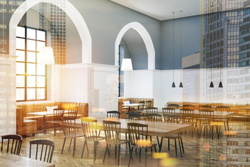 White and gray cafe interior side toned