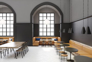 White and gray cafe interior, window and lamp