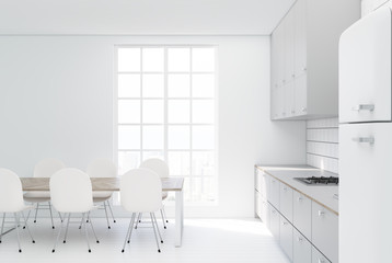 White dining room, wooden floor