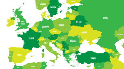 Political map of Europe and Caucasian region in shades of green on white background. Simple flat vector illustration. © pyty