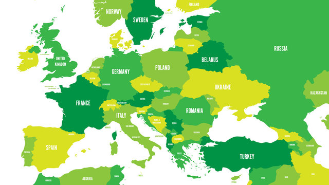 Political map of Europe and Caucasian region in shades of green on white background. Simple flat vector illustration.