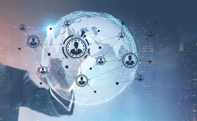 Businessman s hand, global network
