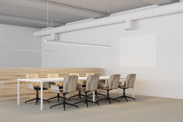 Fototapeta na wymiar White meeting room corner, wooden chairs poster