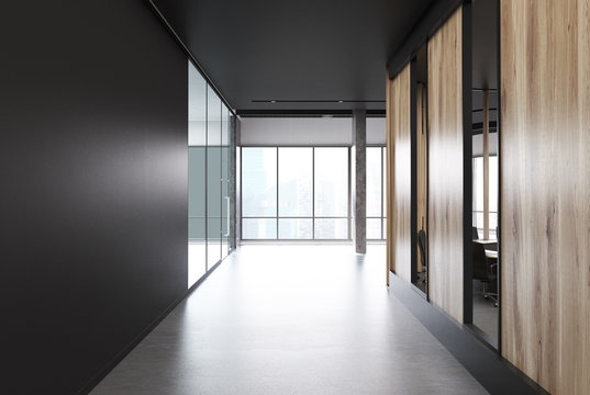Black and wooden office lobby