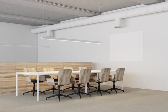 White meeting room corner, wooden chairs poster
