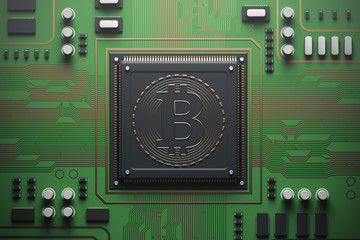 Green circuit board with a processor, bitcoin