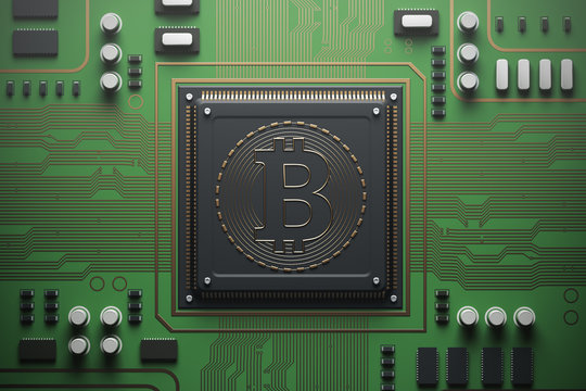 Green circuit board with a processor, bitcoin