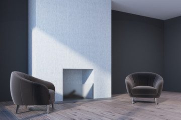 White and gray living room, fireplace side