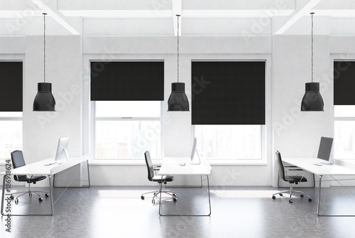 Black Open Space Office Rows Of Desks Side Stock Photo And