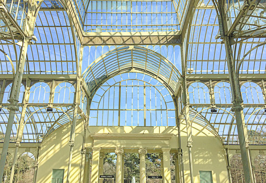 Crystal Palace in Retiro Park, Madrid. Spain. The Palacio de cristal was built in 1887 to exhibit flora and fauna from the Philippines. 
