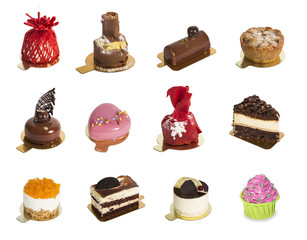 Set of 12 cakes, cheesecakes and  cupcakes  isolated on white background