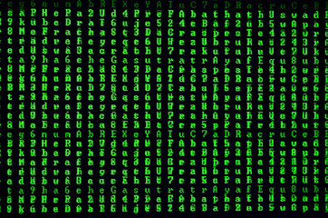 Macro shot of a glitch on the monitor of an office computer. The concept of introducing a virus into a personal data keeper. Stream of random green symbols on a black background