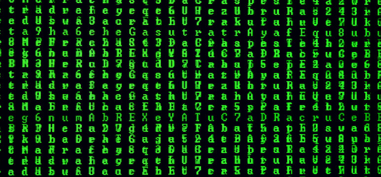 Macro shot of a glitch on the monitor of an office computer. The concept of introducing a virus into a personal data keeper. Stream of random green symbols on a black background