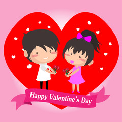 Boy and Girl love for Valentine's day.on  Happy valentine's day and Love pink background design for valentine's festival .Vector illustration.Cartoon style.