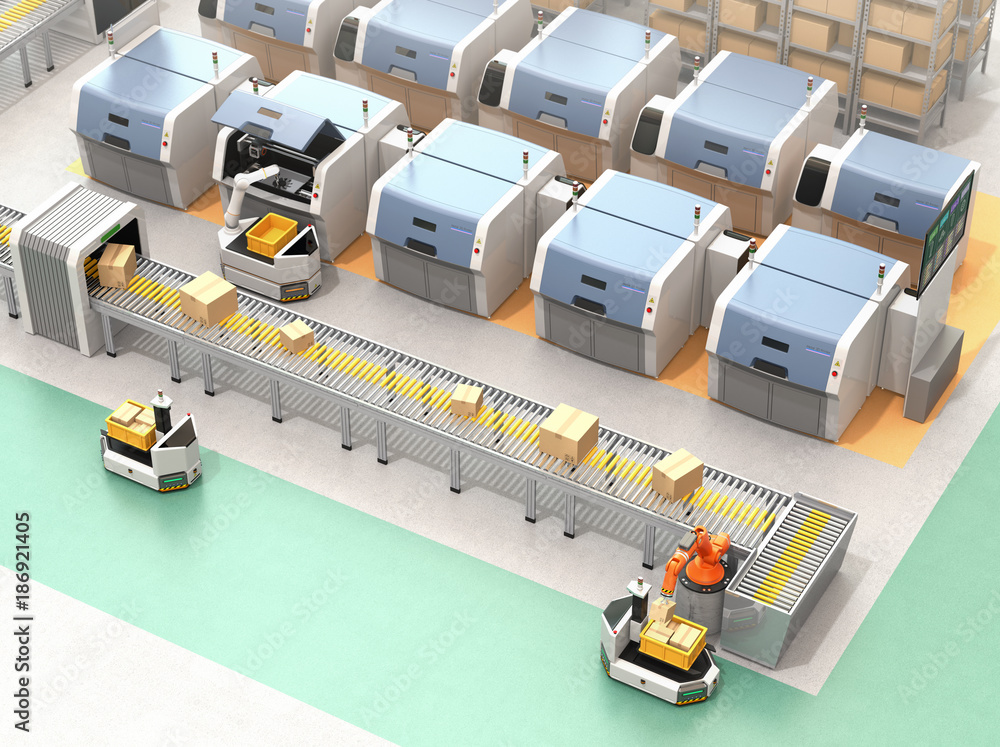 Poster agv (automatic guided vehicle) picking parts from metal 3d printer. smart factory concept 3d renderi