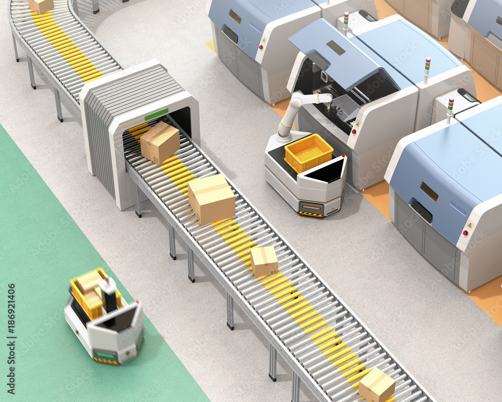 Poster agv (automatic guided vehicle) picking parts from metal 3d printer. smart factory concept 3d renderi