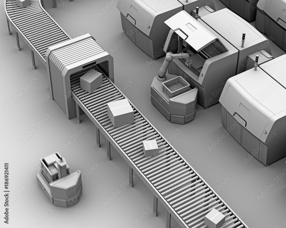 Aufkleber clay model rendering of agv (automatic guided vehicle) picking parts from metal 3d printer. smart fa