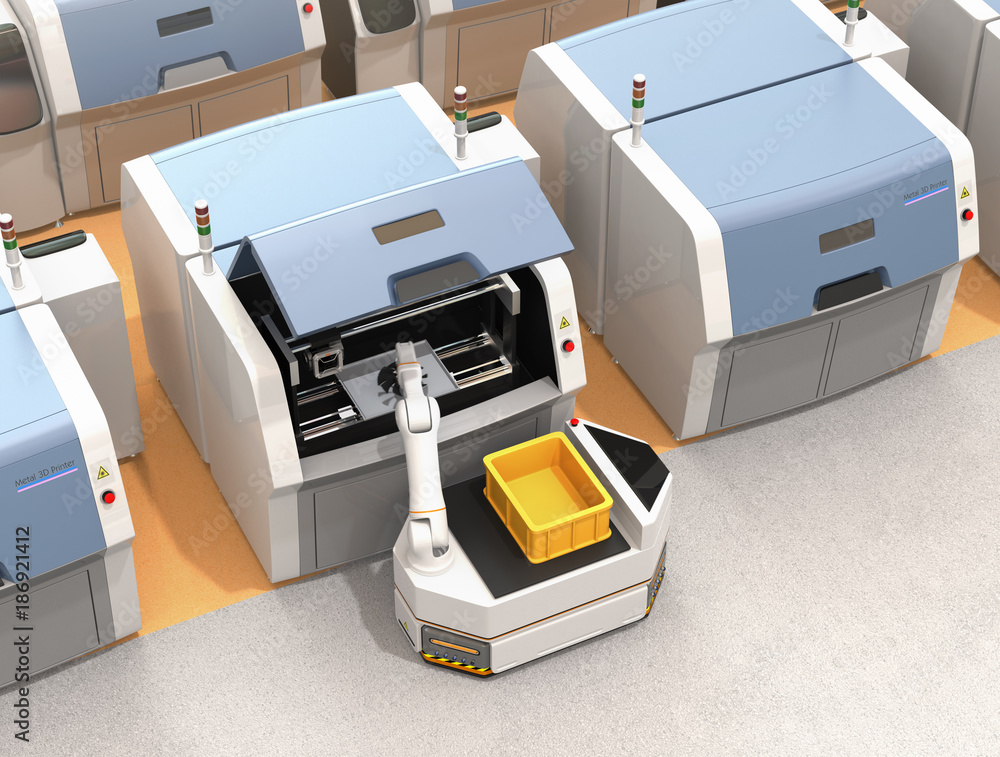 Poster agv (automatic guided vehicle) picking parts from metal 3d printer. smart factory concept 3d renderi